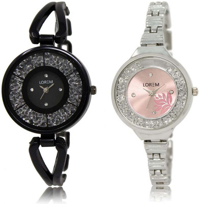 

LOREM watch211-226 Designer Pink & Black Round Girl's Metal Bracelet Watch - For Women