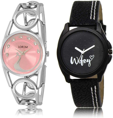 

LOREM watch233-234 Designer Black & Pink Round Girl's Leather & Metal Bracelet Watch - For Women