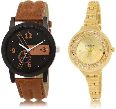 

LOREM 2-32 Attractive Gold & Black Round Boy's & Girl's Metal Bracelet & Leather Watch - For Men & Women