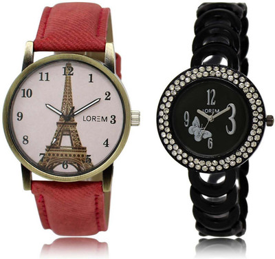 

LOREM OM-201-230 Designer Black & Pink Round Girl's Metal Bracelet & Leather Watch - For Women