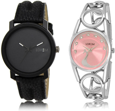 

LOREM FZ-21-233 COMBO Pink & Black Round Boy's & Girl's Metal Bracelet & Leather Watch - For Men & Women