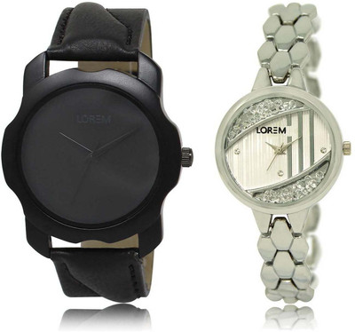 

LOREM SR-22-223 Attractive Silver & Black Round Boy's & Girl's Metal Bracelet & Leather Watch - For Men & Women