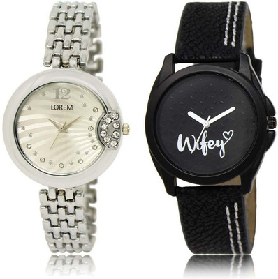 

LOREM OM-227-234 Designer Black & Silver Round Girl's Leather & Metal Bracelet Watch - For Women