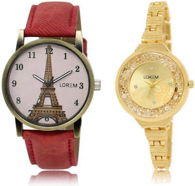 

LOREM OM-224-230 Designer Gold & Pink Round Girl's Metal Bracelet & Leather Watch - For Women