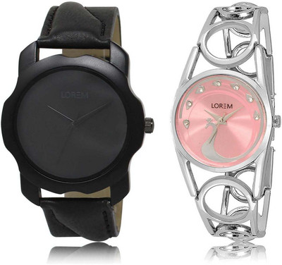 

LOREM OM-22-233 Designer Pink & Black Round Boy's & Girl's Metal Bracelet & Leather Watch - For Men & Women