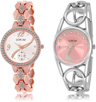 

LOREM OM-215-233 Designer Pink & Silver Round Girl's Metal Bracelet Watch - For Women