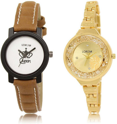 

LOREM watch209-224 Designer Gold & White Round Girl's Metal Bracelet & Leather Watch - For Women