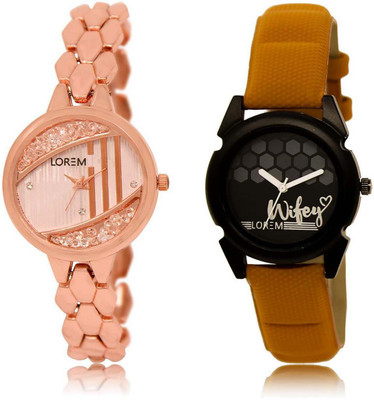 

LOREM SR-222-235 Attractive Black & Rose Gold Round Girl's Leather & Metal Bracelet Watch - For Women