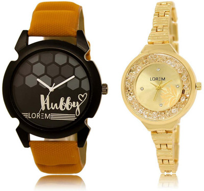 

LOREM SR-32-224 Attractive Gold & Black Round Boy's & Girl's Metal Bracelet & Leather Watch - For Men & Women