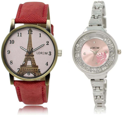 

LOREM OM-226-230 Designer Pink & Pink Round Girl's Metal Bracelet & Leather Watch - For Women