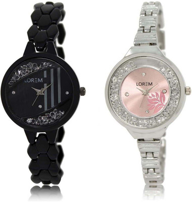 

LOREM OM-221-226 Designer Pink & Black Round Girl's Metal Bracelet Watch - For Women