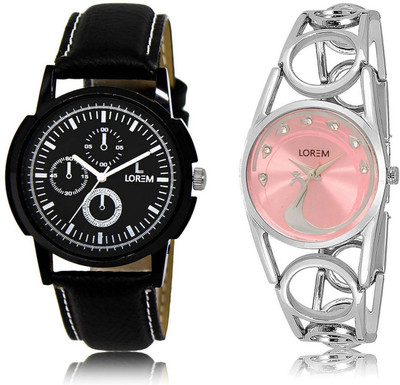 

LOREM SR-13-233 Attractive Pink & Black Round Boy's & Girl's Metal Bracelet & Leather Watch - For Men & Women