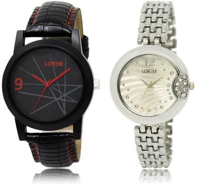 

LOREM 8-227 COMBO Silver & Black Round Boy's & Girl's Metal Bracelet & Leather Watch - For Men & Women