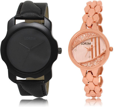 

LOREM FZ-22-222 COMBO Rose Gold & Black Round Boy's & Girl's Metal Bracelet & Leather Watch - For Men & Women
