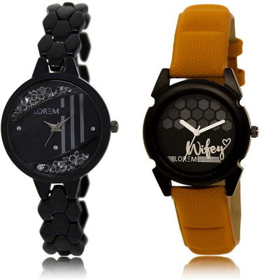 

LOREM Watch-221-235 Designer Black Round Girl's Leather & Metal Bracelet Watch - For Women