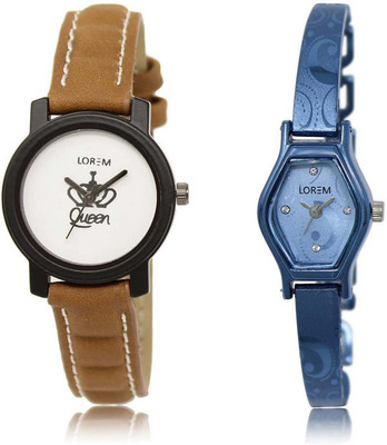 

LOREM OM-209-218 Designer Blue & White Contemporary & Round Girl's Metal Bracelet & Leather Watch - For Women