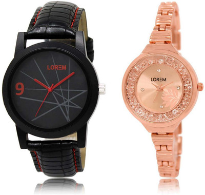 

LOREM SR-8-225 Attractive Rose Gold & Black Round Boy's & Girl's Metal Bracelet & Leather Watch - For Men & Women