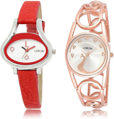 

LOREM SR-206-232 Attractive Silver & White Round & Oval Girl's Metal Bracelet & Leather Watch - For Women