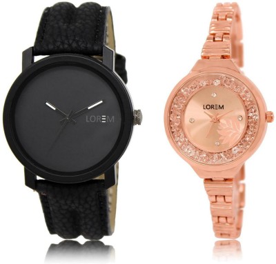 

LOREM FZ-21-225 COMBO Rose Gold & Black Round Boy's & Girl's Metal Bracelet & Leather Watch - For Men & Women