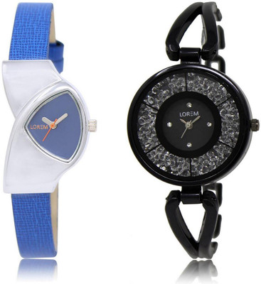 

LOREM watch208-211 COMBO Black & Blue Round & Triangle Girl's Metal Bracelet & Leather Watch - For Women