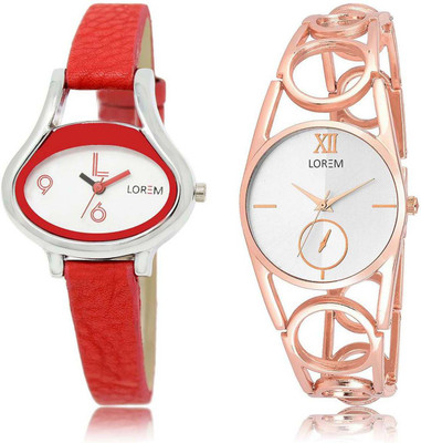 

LOREM Watch-206-213 Attractive Silver & White Round & Oval Girl's Metal Bracelet & Leather Watch - For Women