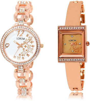 

LOREM OM-210-220 Designer Rose Gold & White Square & Round Girl's Metal Bracelet Watch - For Women