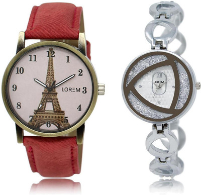 

LOREM watch230-240 COMBO Silver & Pink Round Girl's Metal Bracelet & Leather Watch - For Women