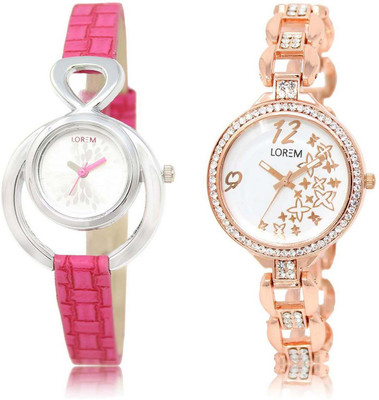 

LOREM SR-205-210 Attractive White & Silver Round Girl's Metal Bracelet & Leather Watch - For Women