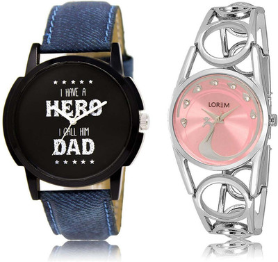 

LOREM SR-7-233 Attractive Pink & Black Round Boy's & Girl's Metal Bracelet & Leather Watch - For Men & Women
