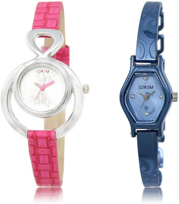 

LOREM FZ-205-218 COMBO Blue & Silver Contemporary & Round Girl's Metal Bracelet & Leather Watch - For Women