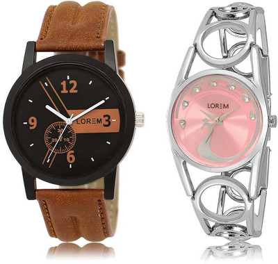

LOREM watch-1-233 Designer Pink & Black Round Boy's & Girl's Metal Bracelet & Leather Watch - For Men & Women