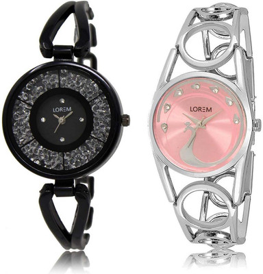 

LOREM OM-211-233 Designer Pink & Black Round Girl's Metal Bracelet Watch - For Women