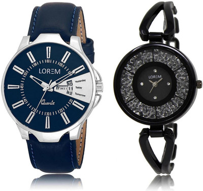 

LOREM 23-211 COMBO Black & Blue Round Boy's & Girl's Metal Bracelet & Leather Watch - For Men & Women