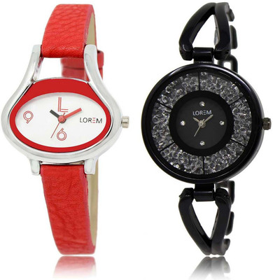 

LOREM watch-206-211 Designer Black & White Round & Oval Girl's Metal Bracelet & Leather Watch - For Women