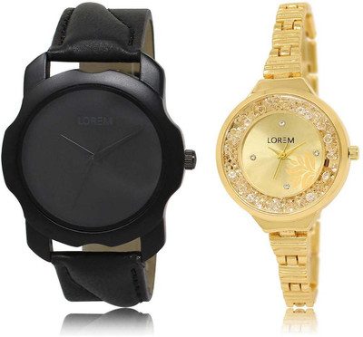 

LOREM SR-22-224 Attractive Gold & Black Round Boy's & Girl's Metal Bracelet & Leather Watch - For Men & Women