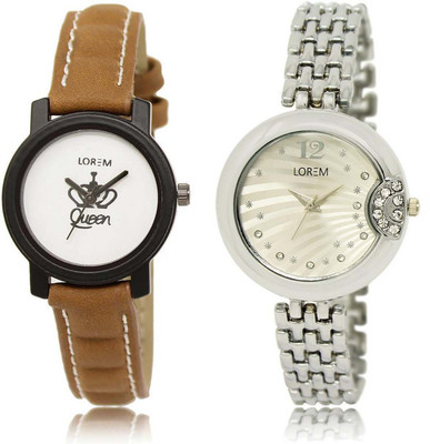 

LOREM SR-209-227 Attractive Silver & White Round Girl's Metal Bracelet & Leather Watch - For Women