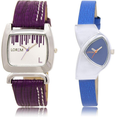 

LOREM FZ-207-208 COMBO Blue & White Triangle & Square Girl's Leather Watch - For Women