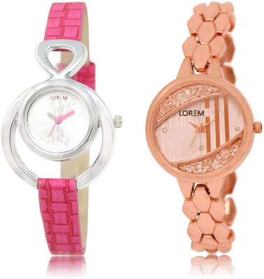 

LOREM watch-205-222 Designer Rose Gold & Silver Round Girl's Metal Bracelet & Leather Watch - For Women