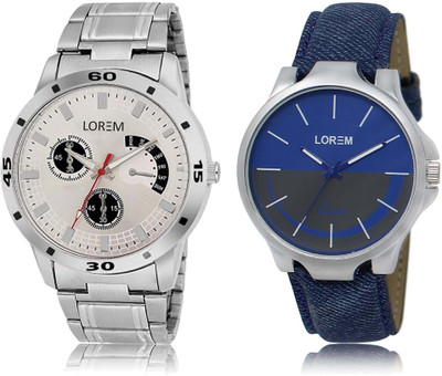 

LOREM Watch-24-101 Designer Blue & Silver Round Boy's Leather & Metal Bracelet Watch - For Men