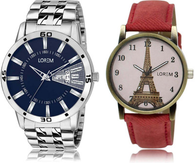 

LOREM SR-102-230 Attractive White & Blue Round Boy's & Girl's Leather & Metal Bracelet Watch - For Men