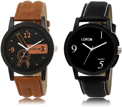 LOREM Black Round Boy's Leather Analog Watch  - For Men