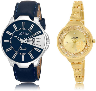 

LOREM OM-23-224 Designer Gold & Blue Round Boy's & Girl's Metal Bracelet & Leather Watch - For Men & Women