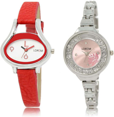 

LOREM SR-206-226 Attractive Pink & White Round & Oval Girl's Metal Bracelet & Leather Watch - For Women