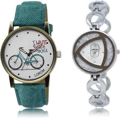 LOREM FZ-229-240 COMBO Silver & White Round Girl's Metal Bracelet & Leather Watch - For Women