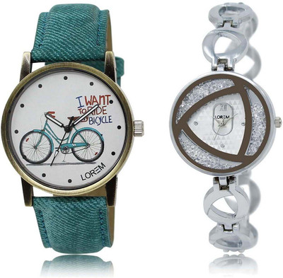 

LOREM 229-240 Attractive Silver & White Round Girl's Metal Bracelet & Leather Watch - For Women