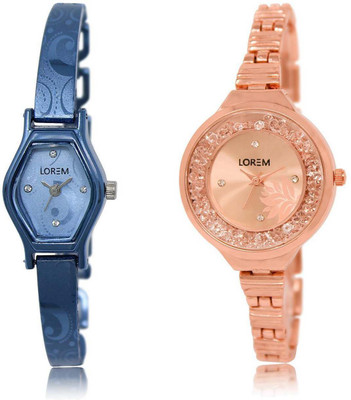 

LOREM Watch-218-225 Attractive Rose Gold & Blue Round & Contemporary Girl's Metal Bracelet Watch - For Women
