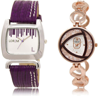 

LOREM watch-207-238 Designer Silver & White Round & Square Girl's Metal Bracelet & Leather Watch - For Women