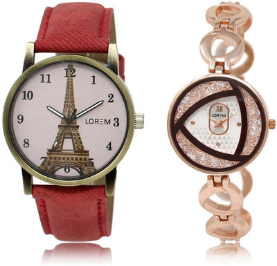 

LOREM Watch-230-238 Attractive Silver & Pink Round Girl's Metal Bracelet & Leather Watch - For Women