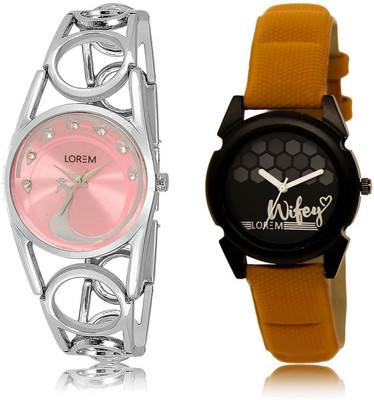 

LOREM SR-233-235 Attractive Black & Pink Round Girl's Leather & Metal Bracelet Watch - For Women