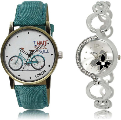 

LOREM watch229-231 Designer Silver & White Round Girl's Metal Bracelet & Leather Watch - For Women